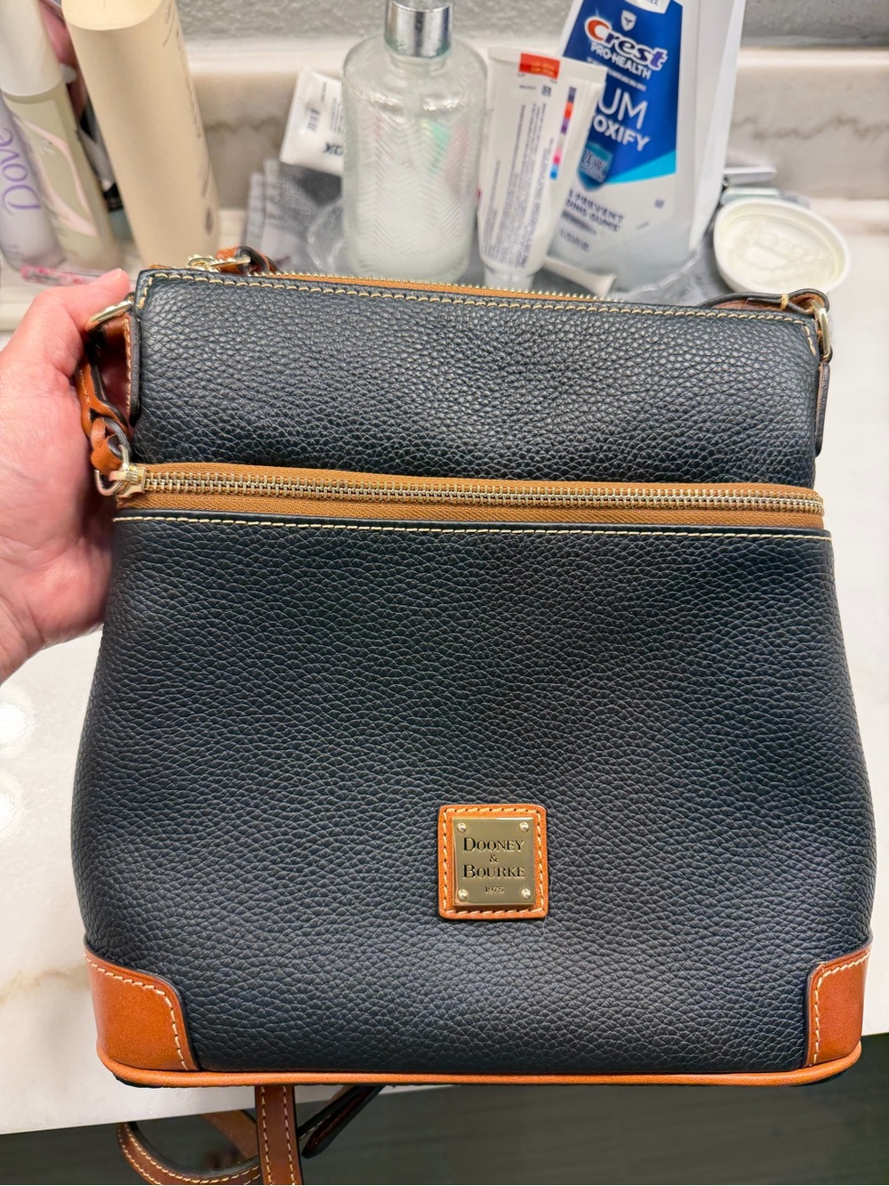 Dooney & Bourke Black Pebble Leather Crossbody with Tan Trim